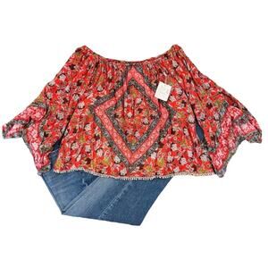 NWT Altar'd State Pepper Red Floral Boho Bell Sleeve Festival Top - SIZE MEDIUM